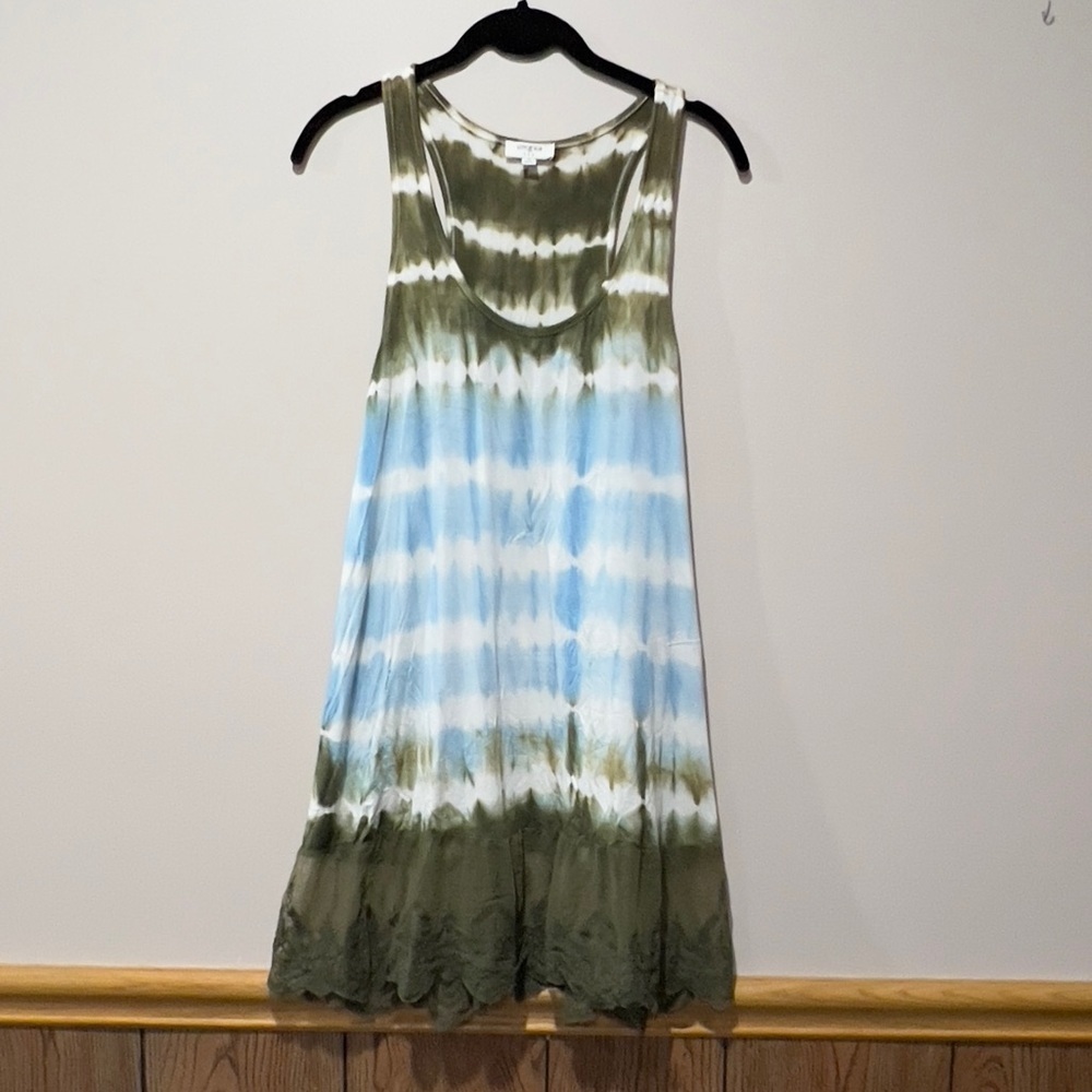 UMGEE Tank Dress. Medium Olive Green and Blue Tie Dye. A Frame. Lace Bottom.